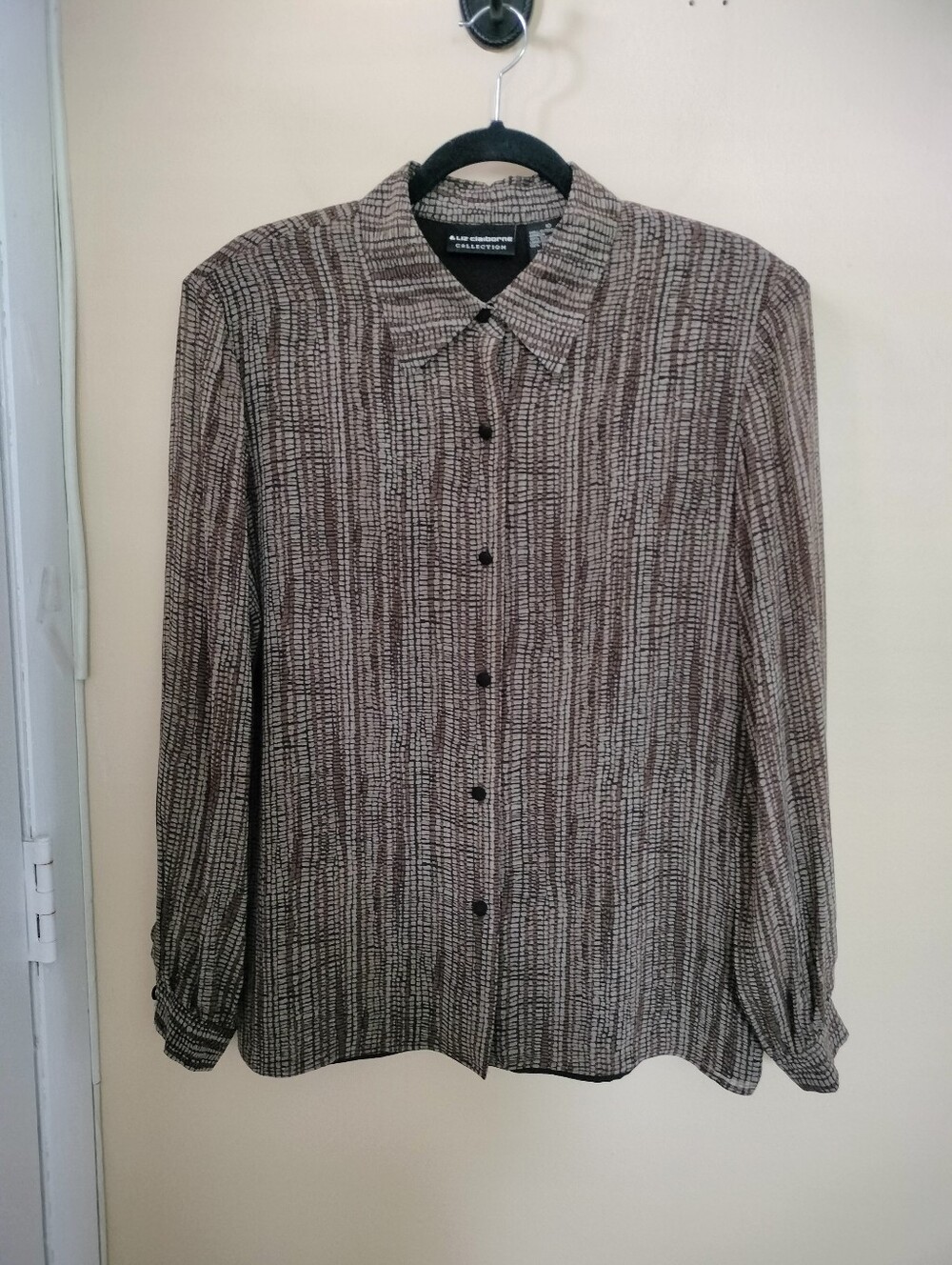 Liz Claiborne Collection Brown Patterned Button-Up Silk Blouse 10 Office Chic
